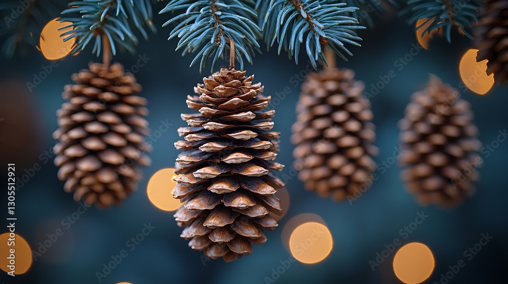 A bunch of pine cones hanging from a tree branch A bunch of pine cones hanging from a tree branch