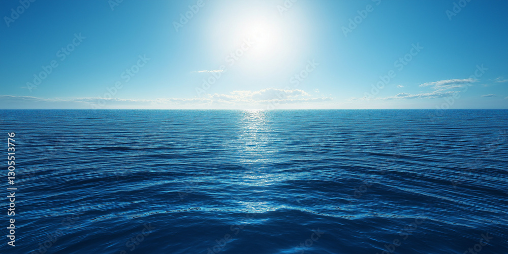 Obraz premium The vast sea, the clear sky, and calm water, the shimmering light on top of it, a blue ocean, a wide-angle lens, a distant view, clear details, high saturation, a wide perspective, a blue tone