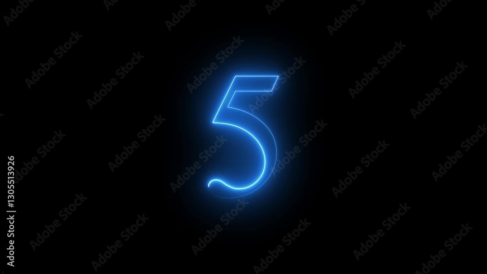 5 number text animation by cyan color neon on black background. 5 number text animation by cyan color neon on black background.