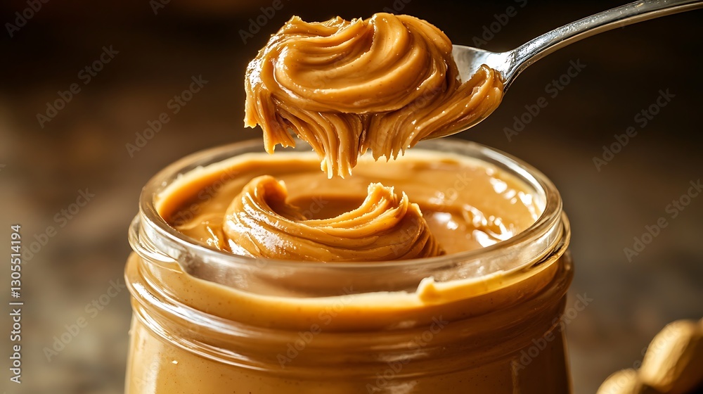 Jar of creamy peanut butter with a swirl on top a spoonful dripping thickly emphasizing rich texture and a nutty aroma under warm kitchen lighting Jar of creamy peanut butter with a swirl on top a spoonful dripping thickly emphasizing rich texture and a nutty aroma under warm kitchen lighting