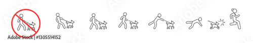 Person walk with dog on leash, line icon. Owner pet. Vector outline sign. Man Walking Dog. Entry with dogs is prohibited. Risk of dog attack. rabid dog