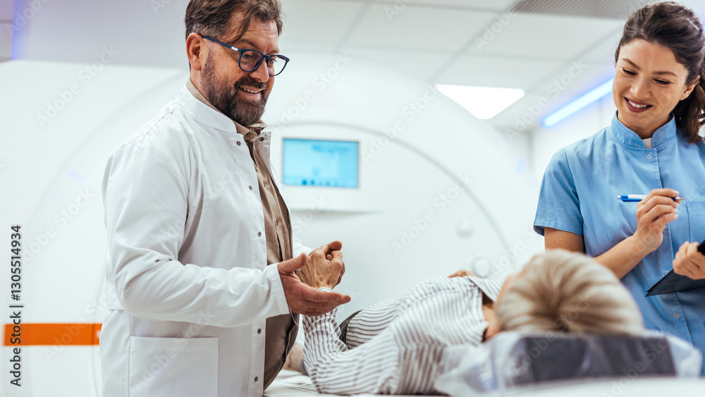 Obraz premium Medical Professionals Assisting Patient in Modern Diagnostic Imaging Room