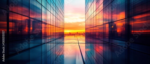 Glorious sunset reflection on glass skyscrapers creates a symmetrical vista  painting the skyline in warm  radiant hues.