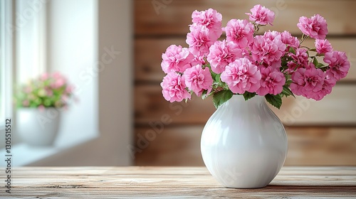 A white vase filled with pink flowers sitting on a wooden table