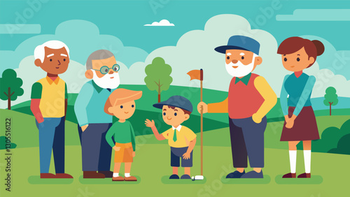 The spectators watch with admiration as their elders prove that age is just a number showcasing impressive skills and sportsmanship on the fairways.. Vector illustration