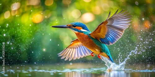 A vibrant kingfisher bird in flight, wings spread wide, gracefully diving into a shimmering body of water, creating a dazzling splash of droplets in the sunlight