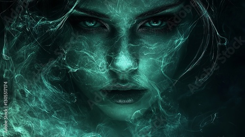 A woman with blue eyes and smoke coming out of her face