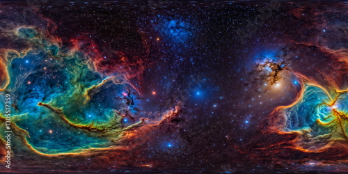Fototapeta Naklejka Na Ścianę i Meble -  Full 360 degrees seamless spherical panorama HDRI equirectangular projection of a deep space celestial nebula. Texture environment map for lighting and reflection source rendering 3d scenes.