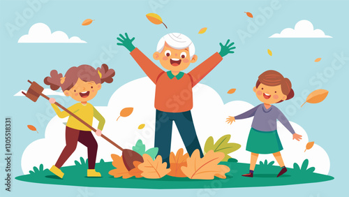 Two grandkids jumping and playing in a pile of leaves as their grandparents rake them up with big smiles on their faces.. Vector illustration
