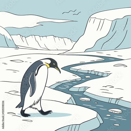  A detailed vector illustration of an Emperor Penguin walking on a frozen Antarctic landscape, perfect for wildlife designs, educational projects, and nature-themed artworks.