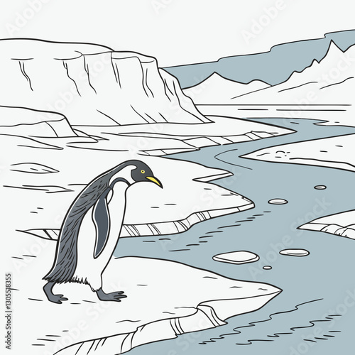  A detailed vector illustration of an Emperor Penguin walking on a frozen Antarctic landscape, perfect for wildlife designs, educational projects, and nature-themed artworks.