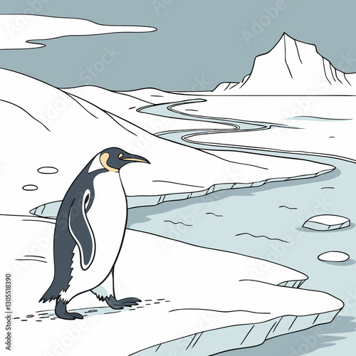  A detailed vector illustration of an Emperor Penguin walking on a frozen Antarctic landscape, perfect for wildlife designs, educational projects, and nature-themed artworks.