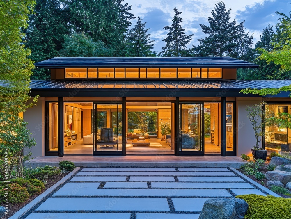 A modern home exterior showcases large windows and a patio A modern home exterior showcases large windows and a patio