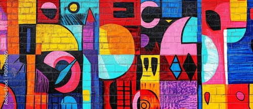A colorful and abstract mural adorns a brick wall, bursting with geometric shapes and vivid tones, creating visual intrigue.