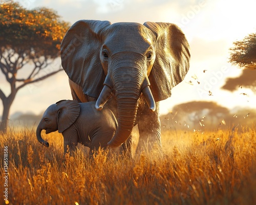 Mother elephant gently place her trunk over her calf back leading through golden savanna grassland Dust swirl warm breeze framing moment natural beauty Ultra detailed skin texture cinematic golden