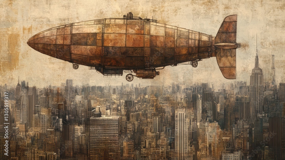 Naklejka premium A vintage airship floats over a sprawling urban cityscape below it
