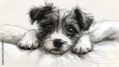 A playful dog sketch captures the lively expression of a resting pup with detailed fur and big eyes. The artwork conveys warmth and charm in its simplicity.