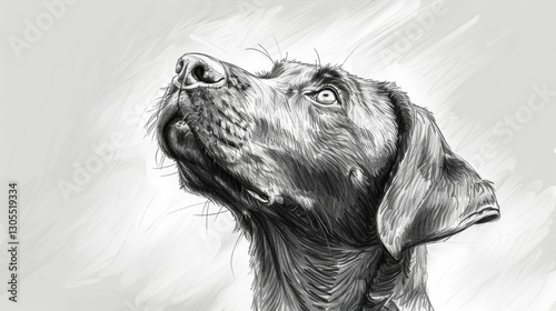 A detailed sketch of a dog looking upwards, capturing its playful essence and curious nature with expressive features and lively lines.
