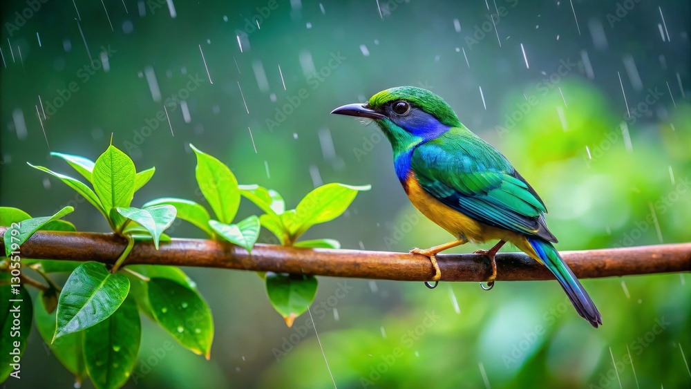 Obraz premium A Vibrant Tropical Bird Perched on a Branch During a Gentle Rain Shower