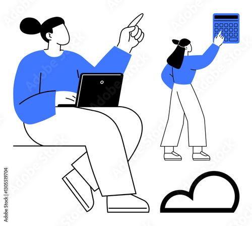 Man using a laptop while pointing upward as a woman interacts with a large calculator, cloud icon below. Ideal for teamwork, cloud computing, finance, education, planning, collaboration