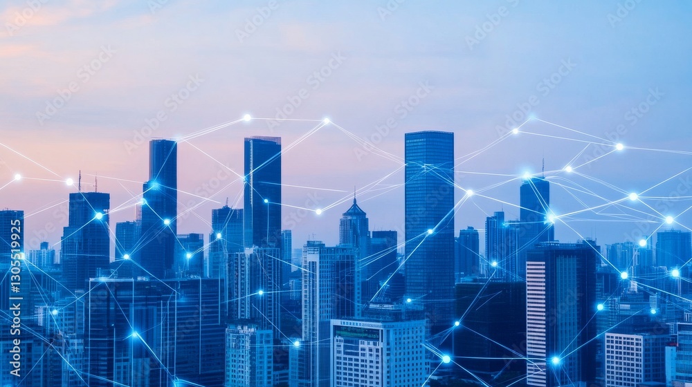 Obraz premium Futuristic city skyline with digital network.