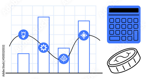 Bar graph with seasonal icons, line chart, calculator, and coin illustrating data analysis. Ideal for finance, budgeting, market trends, forecasting economy seasonal strategy statistics. Flat