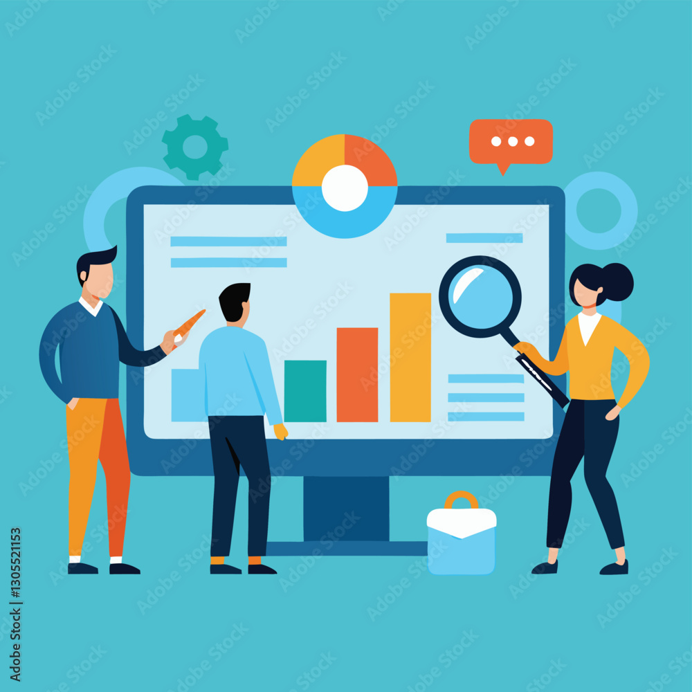 Data analysis, business intelligence, giant computer screen, colorful charts and graphs, magnifying glass, teamwork, office workers, blue background, flat design illustration, infographic elements, Data analysis, business intelligence, giant computer screen, colorful charts and graphs, magnifying glass, teamwork, office workers, blue background, flat design illustration, infographic elements,