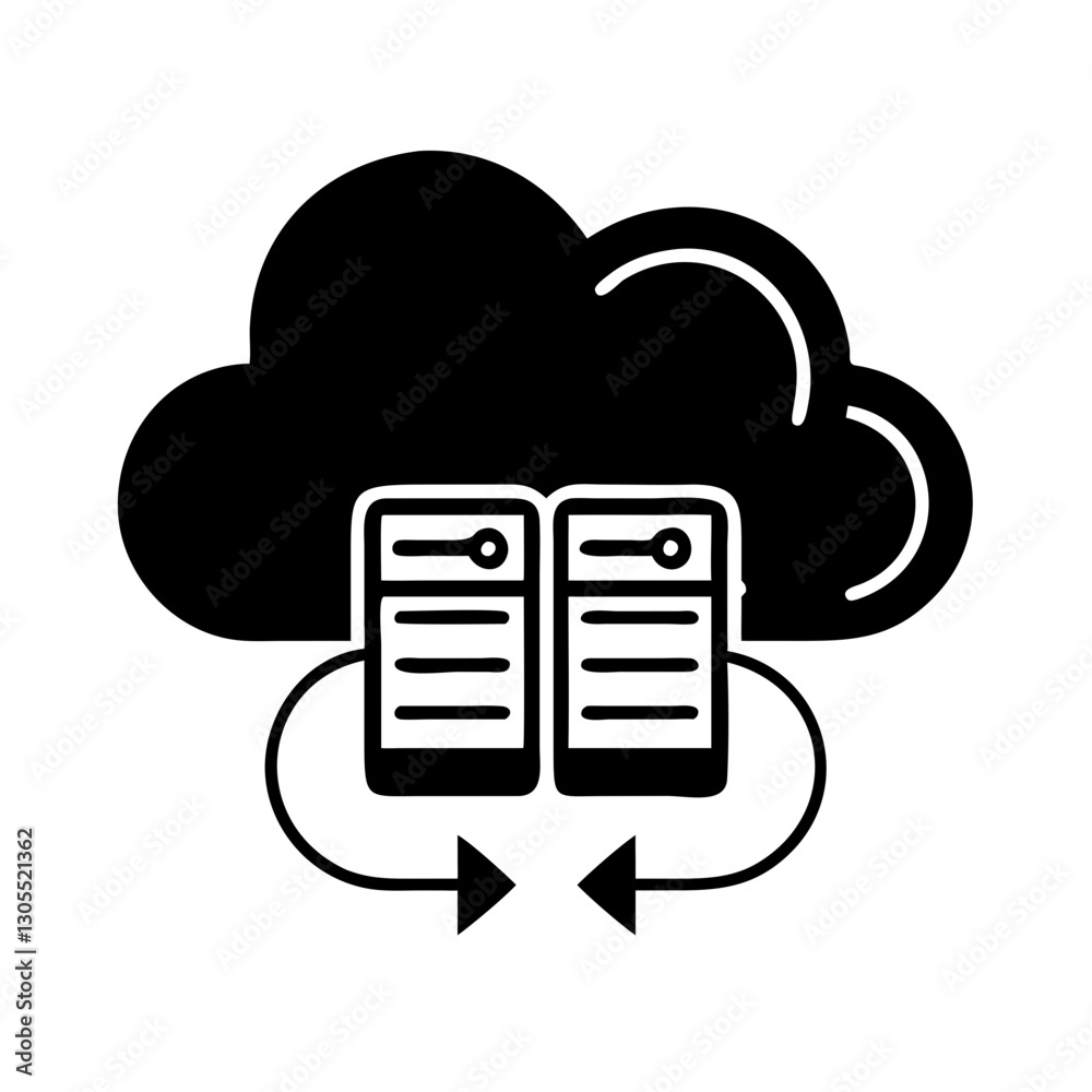 Cloud backup icon with arrows and servers, minimalist style, black and white design, copy space Cloud backup icon with arrows and servers, minimalist style, black and white design, copy space