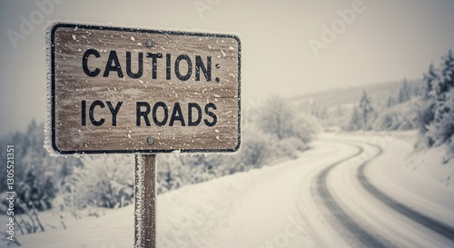 Caution Icy Roads Sign on a Snowy Winter Landscape