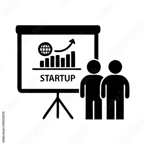 Startup pitch icon with people and growth chart, minimalist style, black and white design, copy space

