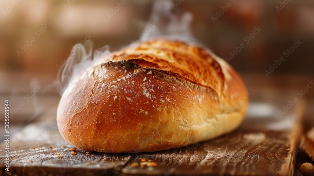 Freshly baked bread with a perfectly smooth golden-brown crust, lying on a wooden surface. Steam gently rises from the warm bread, emphasizing its freshness. Freshly baked bread with a perfectly smooth golden-brown crust, lying on a wooden surface. Steam gently rises from the warm bread, emphasizing its freshness.