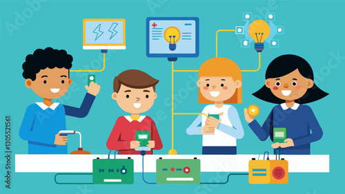 Using basic electrical components the students have built working circuits and are learning about parallel and series connections.. Vector illustration