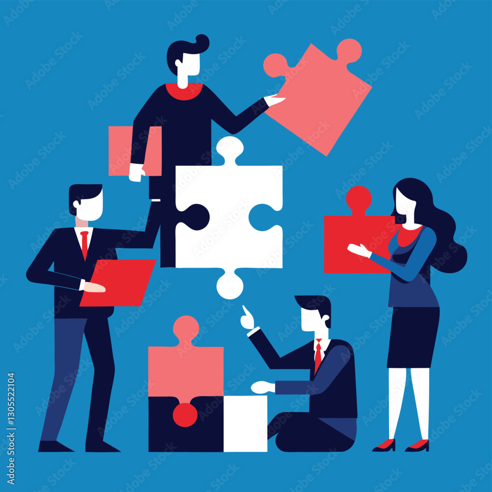 Teamwork concept, business people assembling puzzle pieces, flat design illustration, vibrant colors, red and blue puzzle pieces, minimalist characters, problem-solving, collaboration, geometric shape Teamwork concept, business people assembling puzzle pieces, flat design illustration, vibrant colors, red and blue puzzle pieces, minimalist characters, problem-solving, collaboration, geometric shape