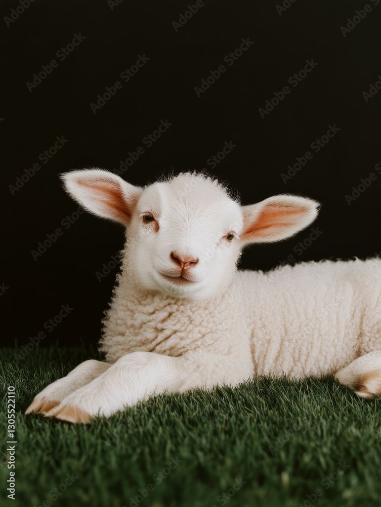 A close-up shot of a little lamb lying on its side in the grass, with space for text. A close-up shot of a little lamb lying on its side in the grass, with space for text.