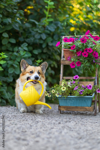 cute corgi dog with watering can in teeth standing near flowerbed in summer g...