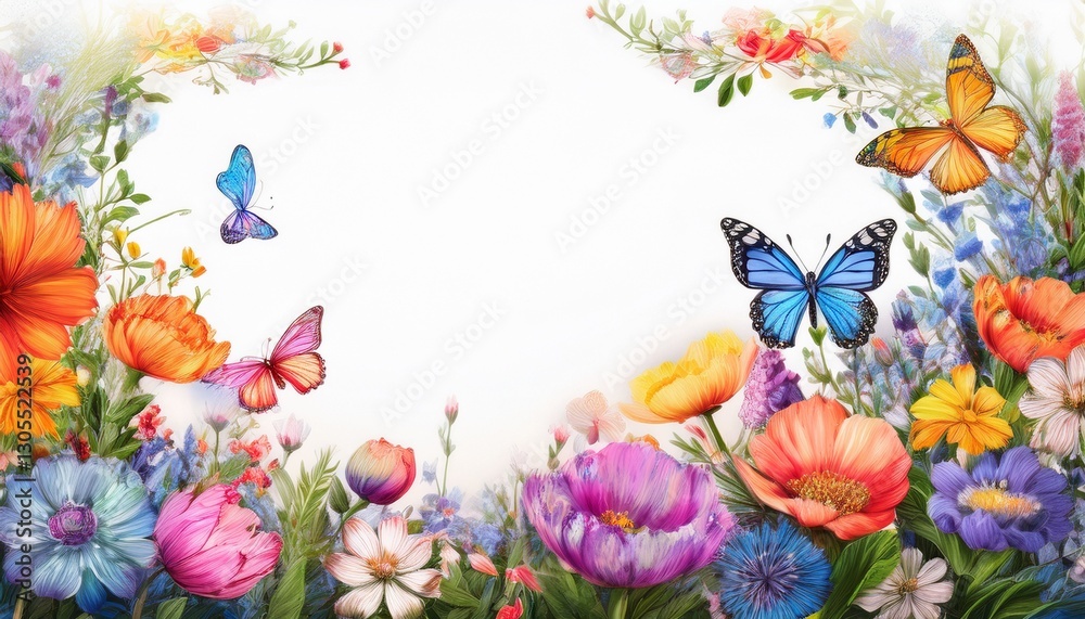 Fototapeta premium beautiful border frame of hand drawn colorful flowers and colorful butterflies background, graphic resource
