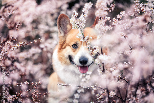 cute corgi dog sitting among pink flowers of flowering bushes in spring garden