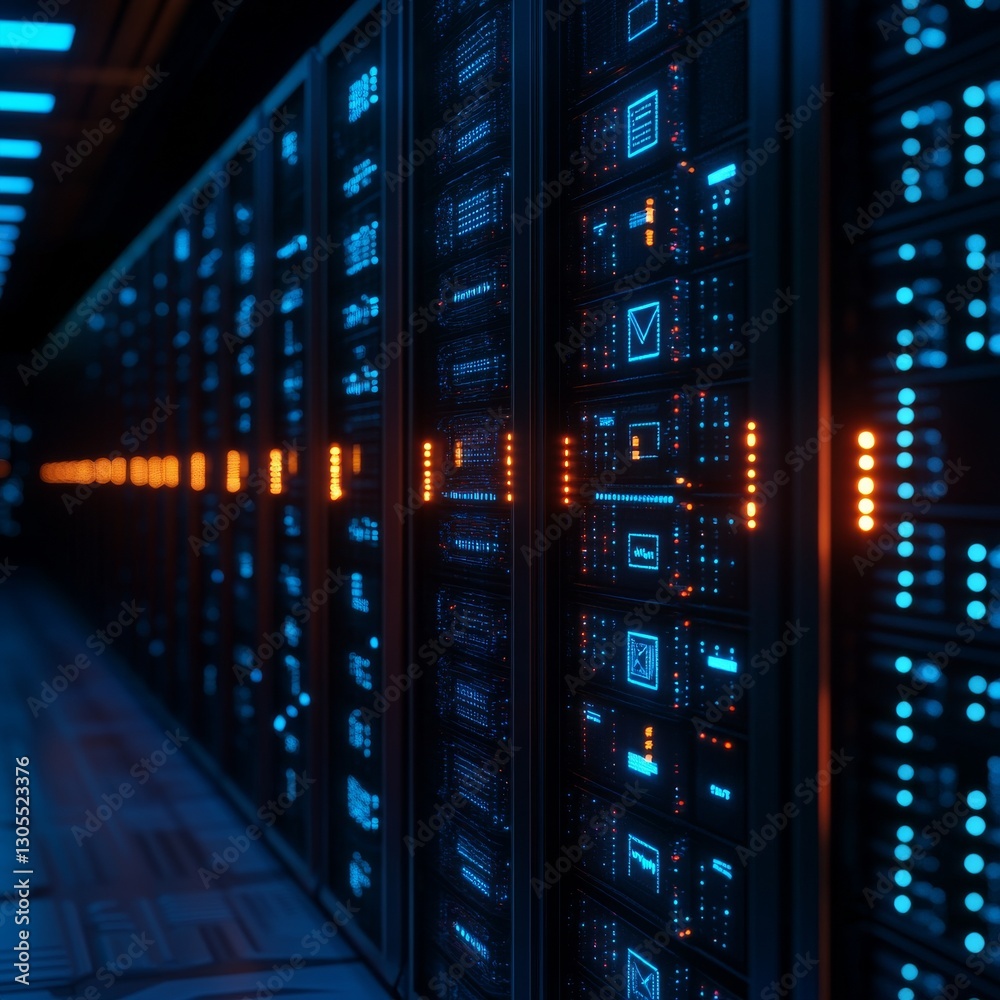 Naklejka premium Futuristic data center with glowing servers.