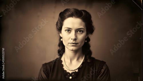 AI-generated vintage sepia-toned portrait of a young woman with elegant hairstyle and pearl necklace