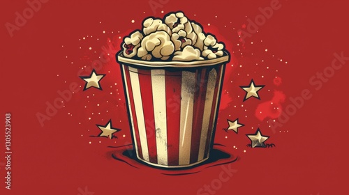 A colorful popcorn bucket filled to the brim with fluffy popcorn rests against a bright red background, complete with playful star accents, creating a lively atmosphere.