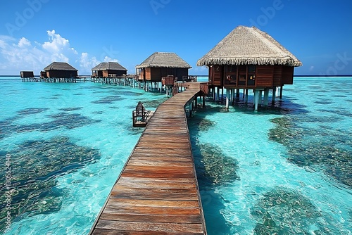 Overwater bungalows, tropical lagoon walkway