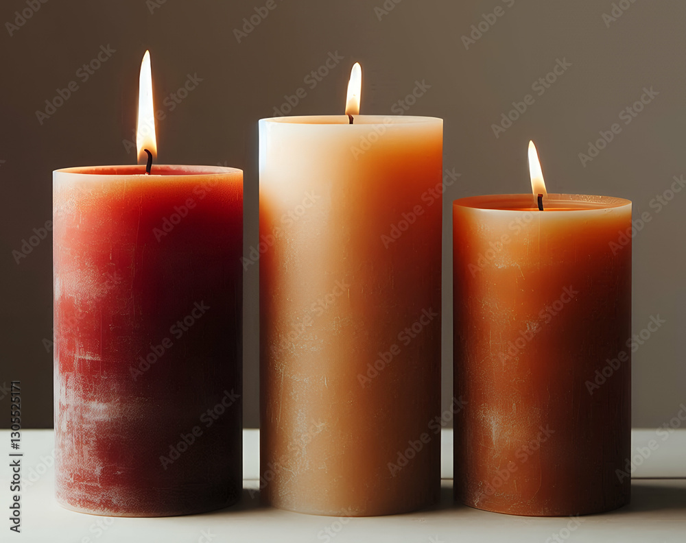 Three Lit Pillar Candles in Warm Tones Three Lit Pillar Candles in Warm Tones