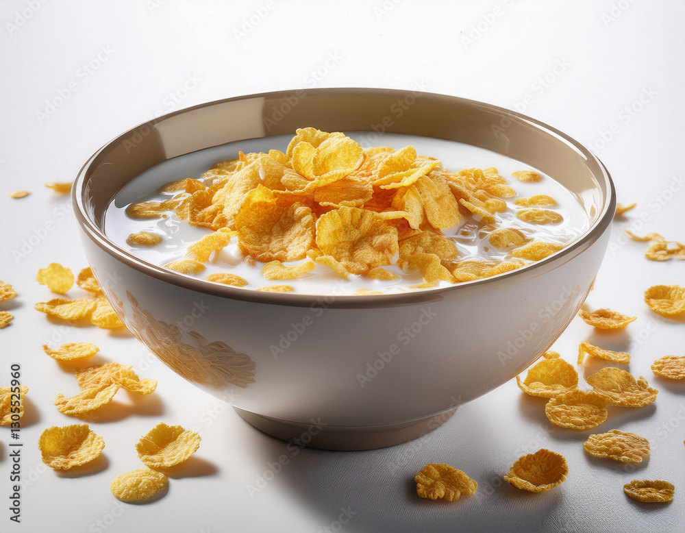 Breakfast bowl filled with cornflakes and milk surrounded by scattered flakes isolated on White Breakfast bowl filled with cornflakes and milk surrounded by scattered flakes isolated on White