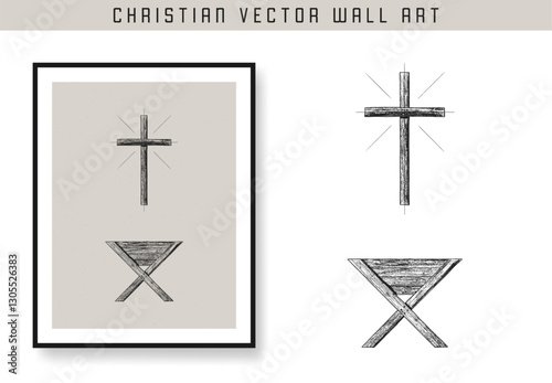 Cross, star and manger. Christian scripture motivation poster and inspirational wall art. Bible verse. Christian quote for inspiration. Vector illustration