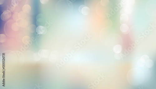 Bokeh lights on pastel blurred background. Abstract defocused style backdrop. Blurred room inside building in bright colors.