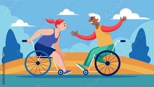 Two elderly friends in wheelchairs engage in a friendly competition as they race towards the finish line.. Vector illustration