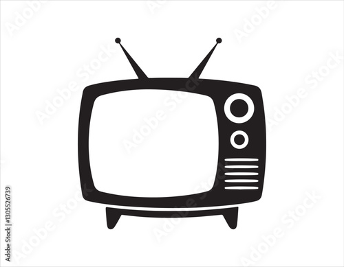 black and white retro tv illustration featuring classic antennas, control knobs, and vent lines. ideal for nostalgic or vintage media content.