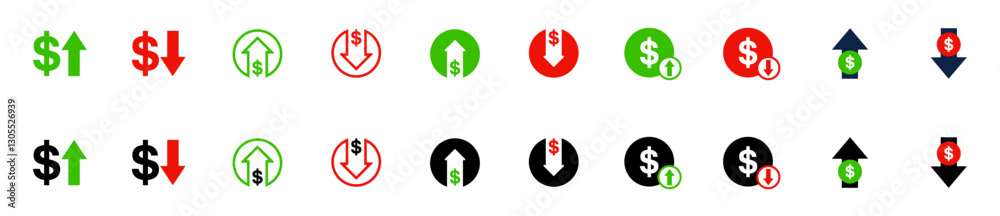 Dollar arrow. Rate growth, increase, decrease arrows filled icons set. Up arrows, down arrows. Vector