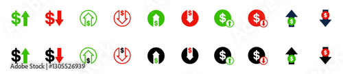 Obraz na płótnie Dollar arrow. Rate growth, increase, decrease arrows filled icons set. Up arrows, down arrows. Vector w salonie