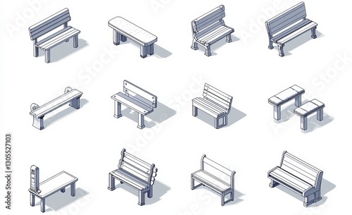 Wallpaper Mural An assortment of isometric bench icons with modern outlines, displayed on a white background Torontodigital.ca